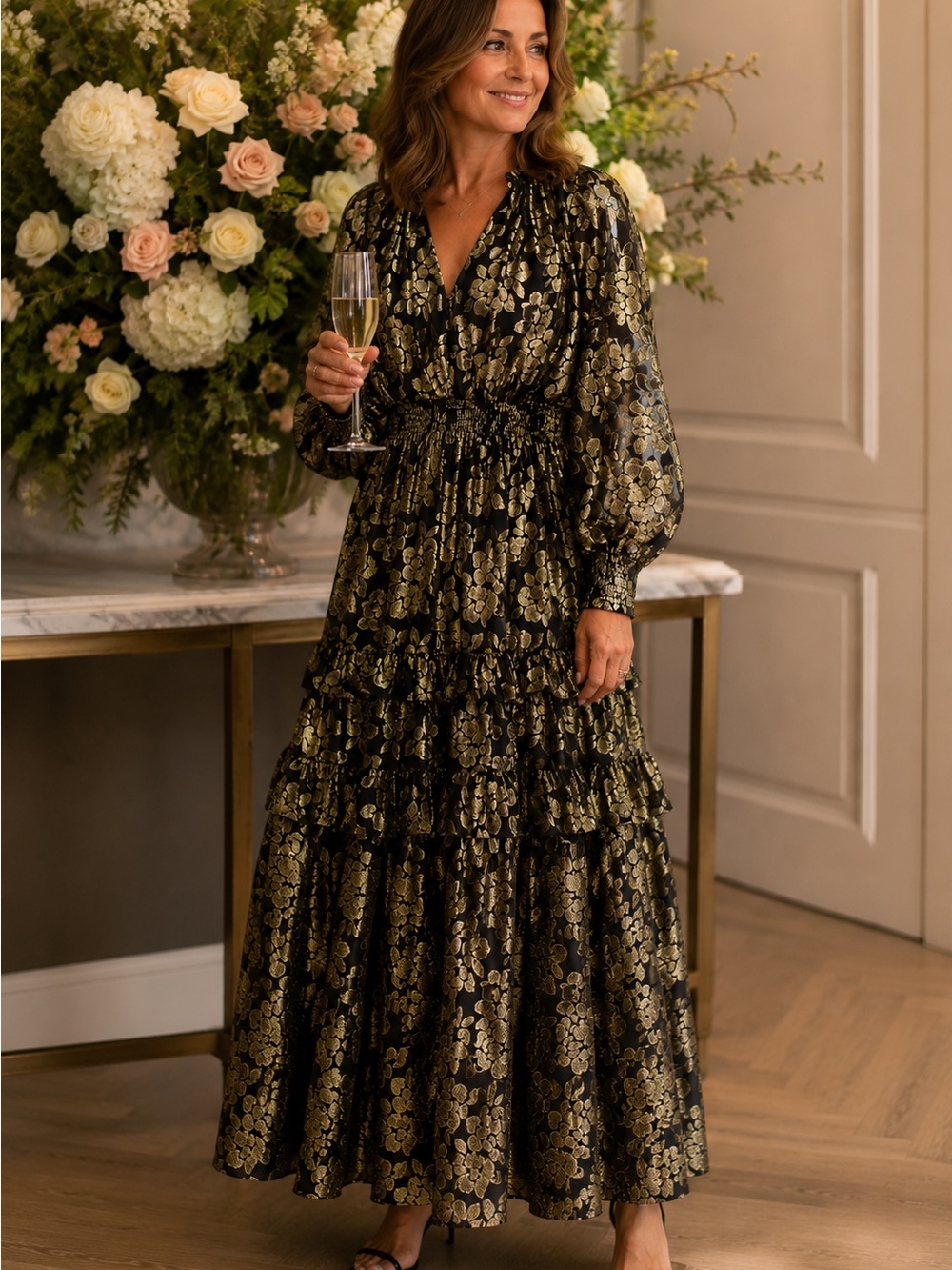 Aqua Black and Gold Long Sleeve Tiered Floral Maxi Dress